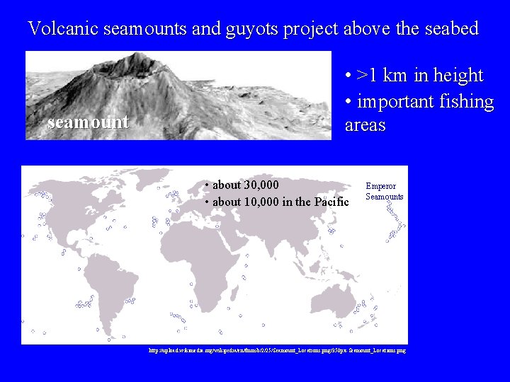  Volcanic seamounts and guyots project above the seabed seamount • >1 km in