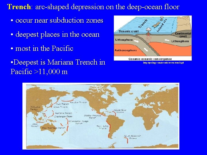 Trench: arc-shaped depression on the deep-ocean floor • occur near subduction zones • deepest