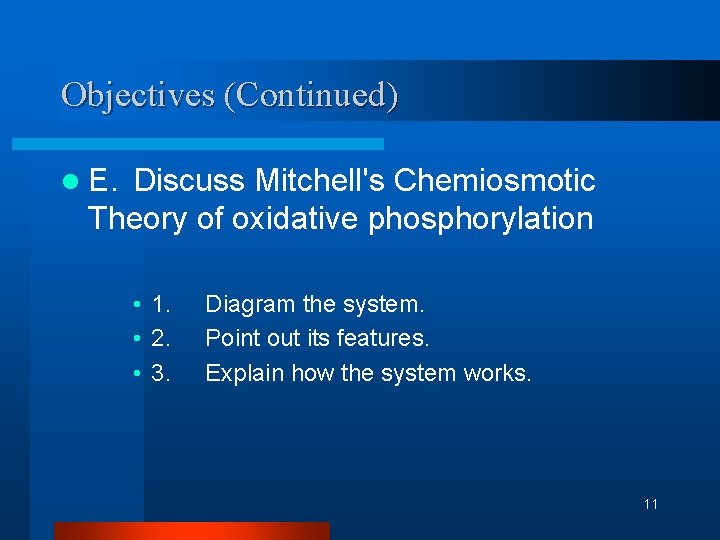 Objectives (Continued) l E. Discuss Mitchell's Chemiosmotic Theory of oxidative phosphorylation • 1. • Objectives (Continued) l E. Discuss Mitchell's Chemiosmotic Theory of oxidative phosphorylation • 1. •