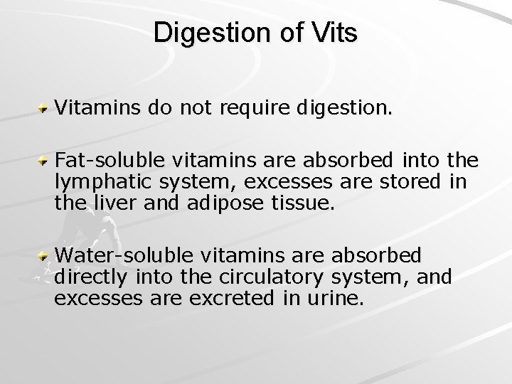 Digestion of Vits Vitamins do not require digestion. Fat-soluble vitamins are absorbed into the