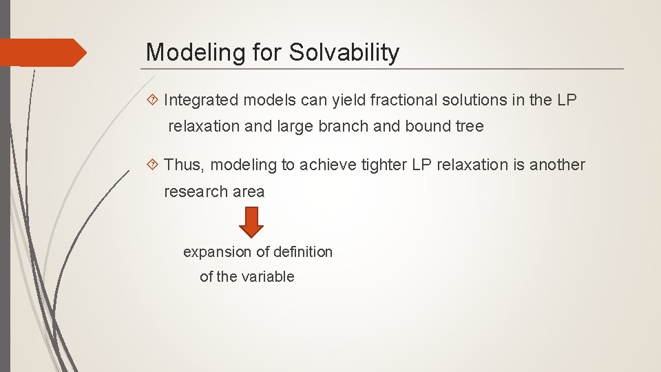 Modeling for Solvability Integrated models can yield fractional solutions in the LP relaxation and