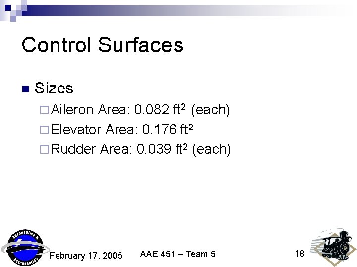 Control Surfaces n Sizes ¨ Aileron Area: 0. 082 ft 2 (each) ¨ Elevator