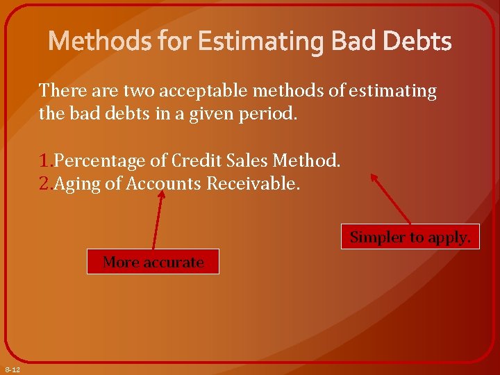 There are two acceptable methods of estimating the bad debts in a given period.