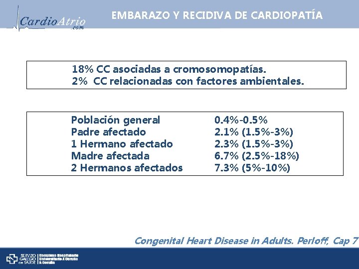 EMBARAZO Y RECIDIVA DE CARDIOPATÍA 18% CC asociadas a cromosomopatías. 2% CC relacionadas con