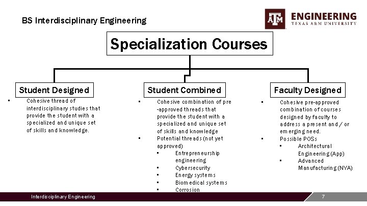 BS Interdisciplinary Engineering Specialization Courses Student Designed • Cohesive thread of interdisciplinary studies that
