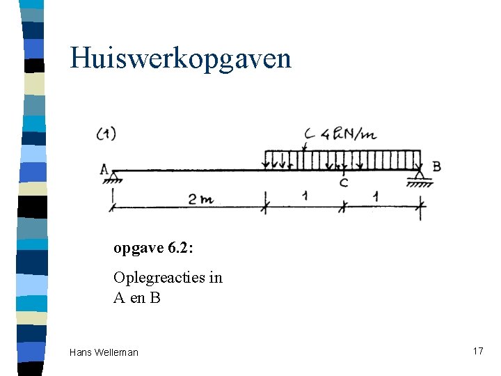 Huiswerkopgaven opgave 6. 2: Oplegreacties in A en B Hans Welleman 17 