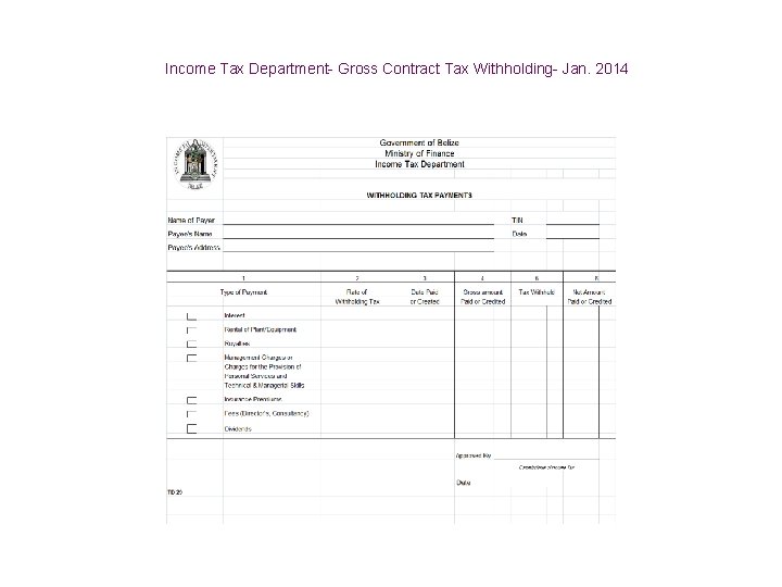 Income Tax Department- Gross Contract Tax Withholding- Jan. 2014 