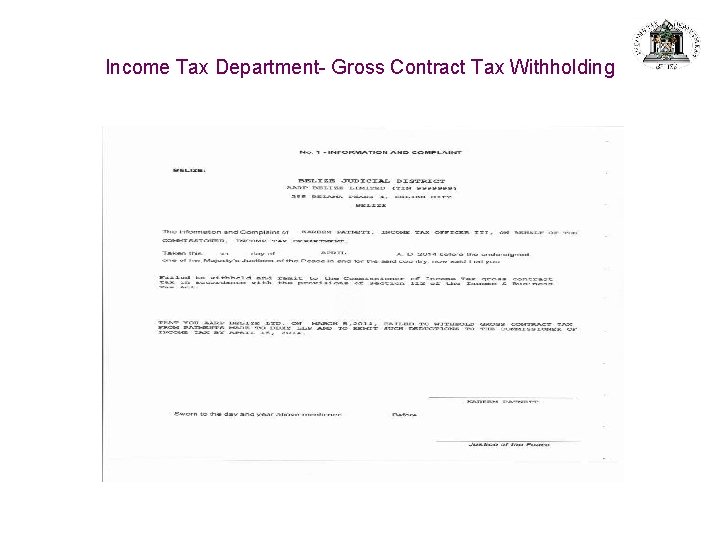Income Tax Department- Gross Contract Tax Withholding 
