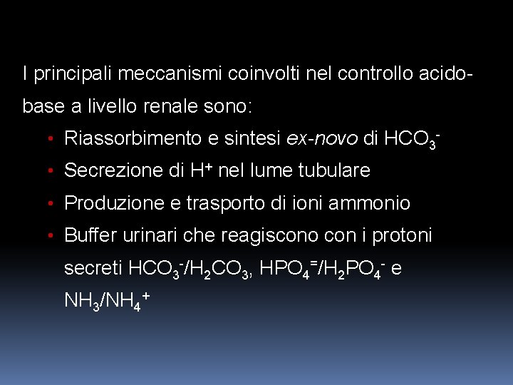 I principali meccanismi coinvolti nel controllo acidobase a livello renale sono: • Riassorbimento e