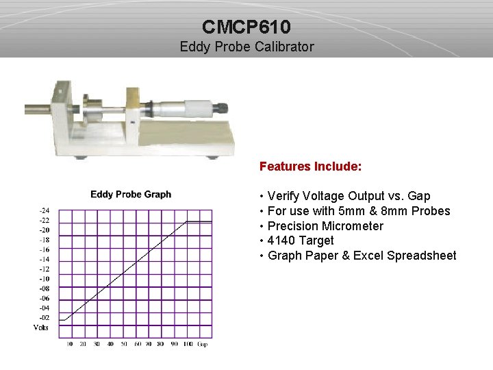 CMCP 610 Eddy Probe Calibrator Features Include: • Verify Voltage Output vs. Gap •
