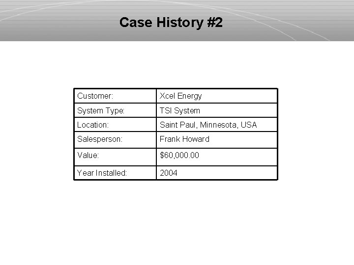 Case History #2 Customer: Xcel Energy System Type: TSI System Location: Saint Paul, Minnesota,