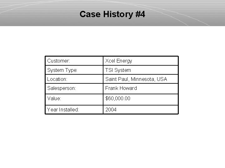 Case History #4 Customer: Xcel Energy System Type: TSI System Location: Saint Paul, Minnesota,