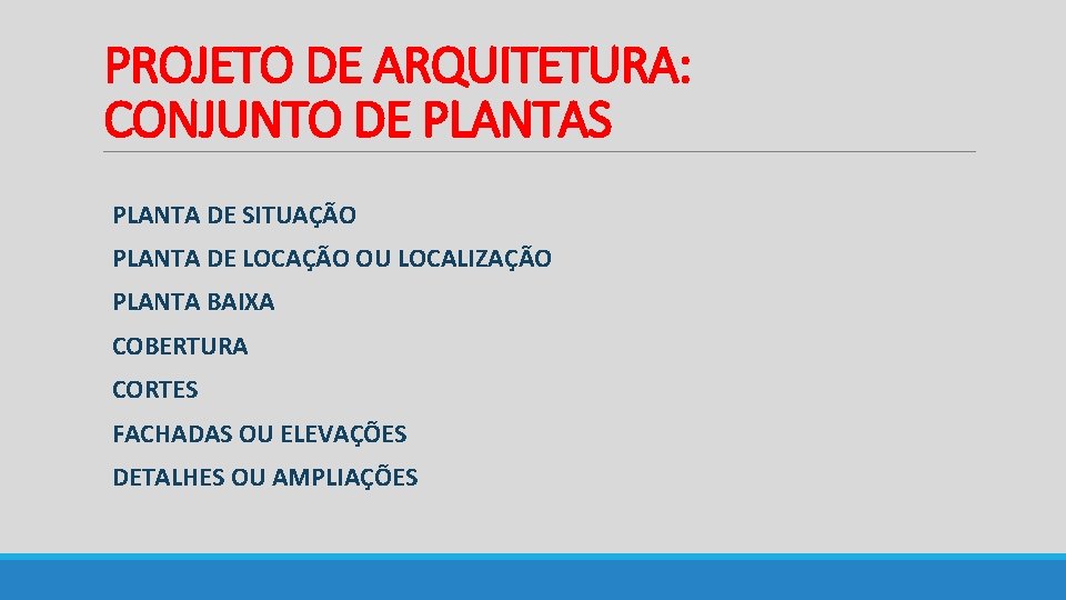 PROJETO DE ARQUITETURA: CONJUNTO DE PLANTAS PLANTA DE SITUAÇÃO PLANTA DE LOCAÇÃO OU LOCALIZAÇÃO