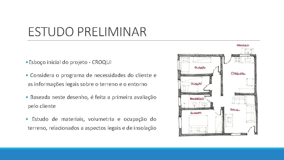 ESTUDO PRELIMINAR • Esboço inicial do projeto - CROQUI • Considera o programa de