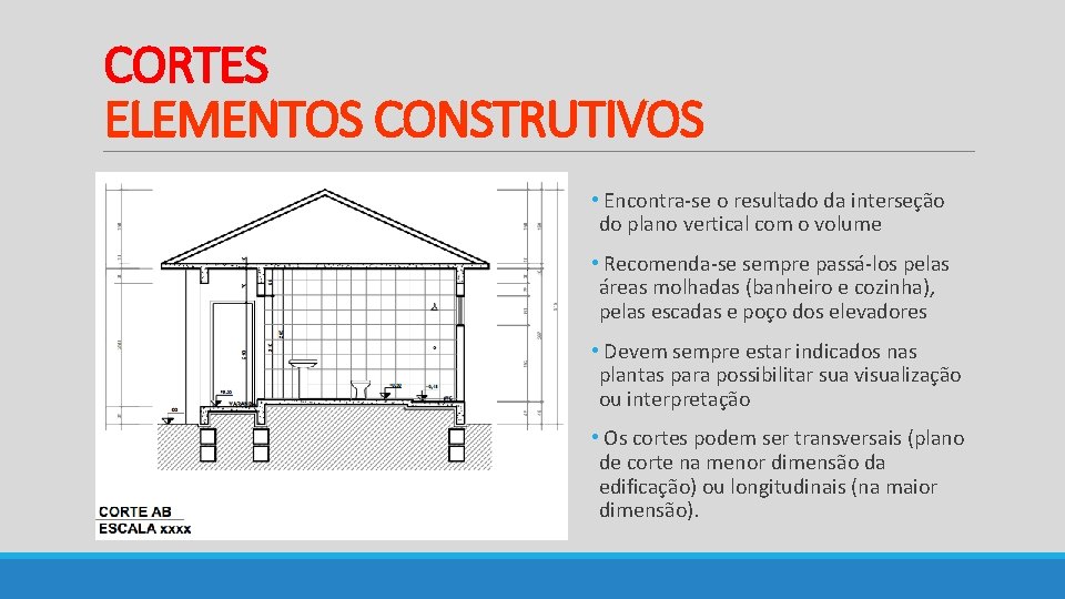 CORTES ELEMENTOS CONSTRUTIVOS • Encontra-se o resultado da interseção do plano vertical com o