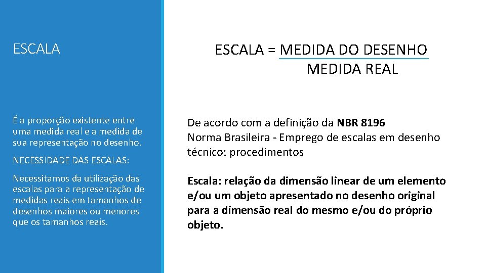 ESCALA É a proporção existente entre uma medida real e a medida de sua