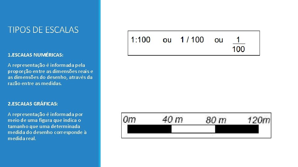 TIPOS DE ESCALAS 1. ESCALAS NUMÉRICAS: A representação é informada pela proporção entre as