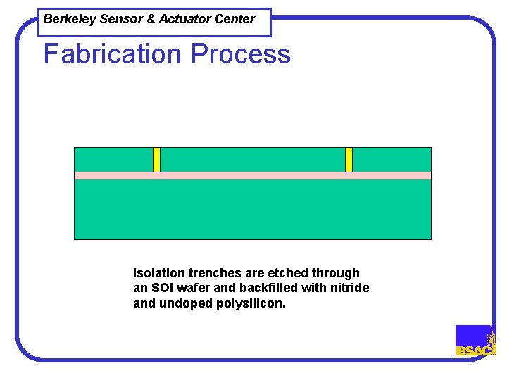 Berkeley Sensor & Actuator Center Fabrication Process Isolation trenches are etched through an SOI