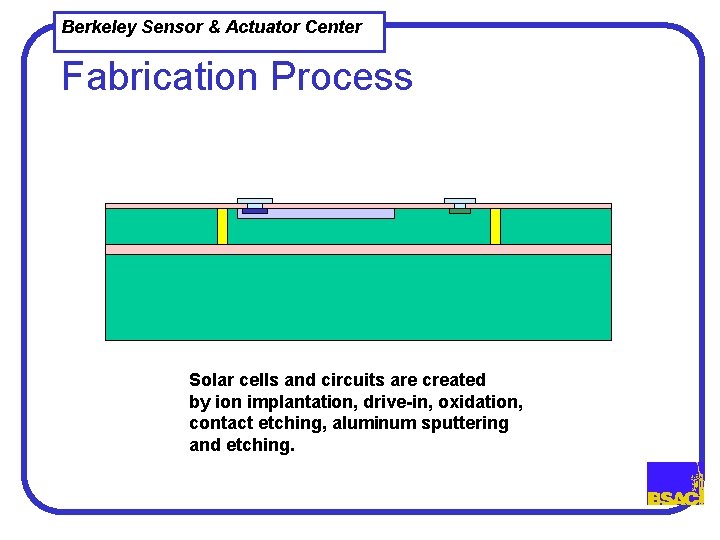 Berkeley Sensor & Actuator Center Fabrication Process Solar cells and circuits are created by