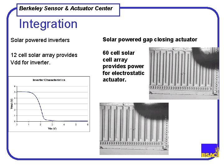 Berkeley Sensor & Actuator Center Integration Solar powered inverters Solar powered gap closing actuator