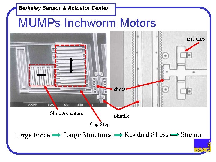 Berkeley Sensor & Actuator Center MUMPs Inchworm Motors guides shoes Shoe Actuators Shuttle Gap