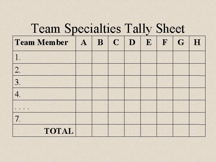 Team Specialties Tally Sheet Team Member 1. 2. 3. 4. . . 7. TOTAL