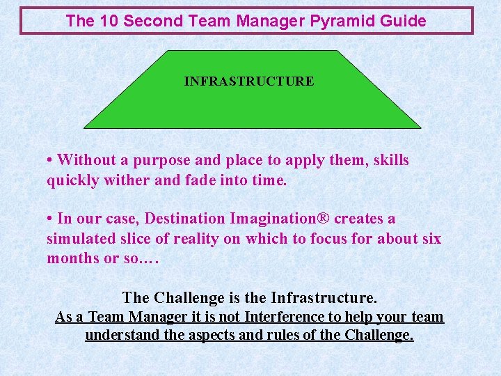 The 10 Second Team Manager Pyramid Guide INFRASTRUCTURE • Without a purpose and place