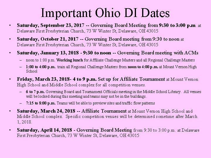 Important Ohio DI Dates • Saturday, September 23, 2017 Governing Board Meeting from 9: