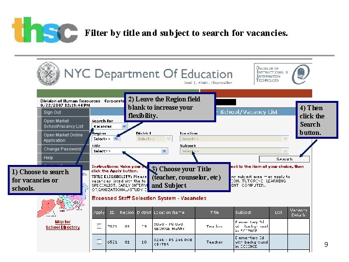 Filter by title and subject to search for vacancies. 2) Leave the Region field