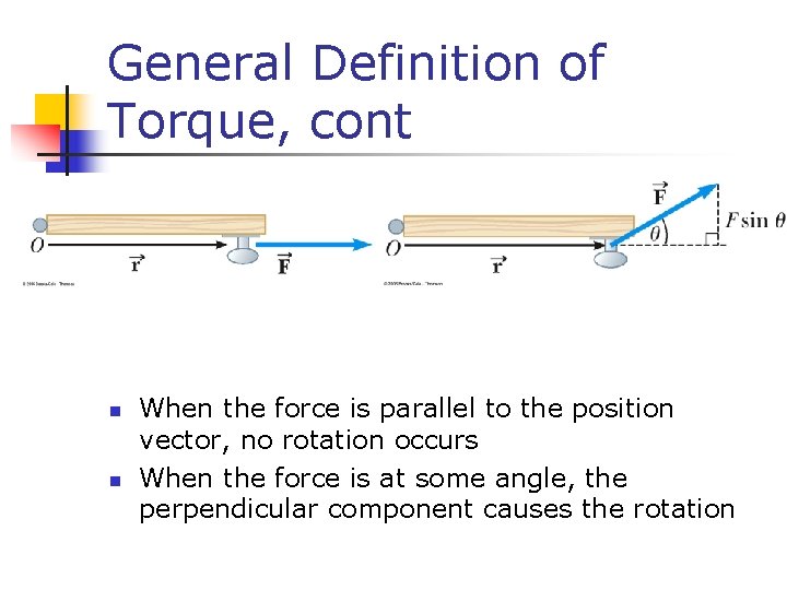 General Definition of Torque, cont n n When the force is parallel to the