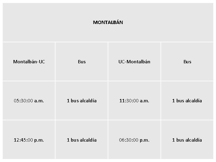MONTALBÁN Montalbán-UC Bus UC-Montalbán Bus 05: 30: 00 a. m. 1 bus alcaldía 11: