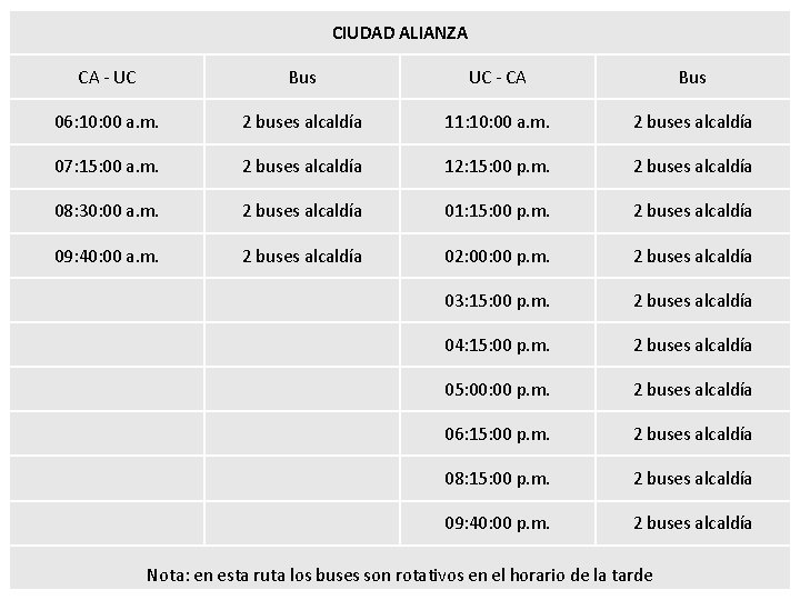 CIUDAD ALIANZA CA - UC Bus UC - CA Bus 06: 10: 00 a.