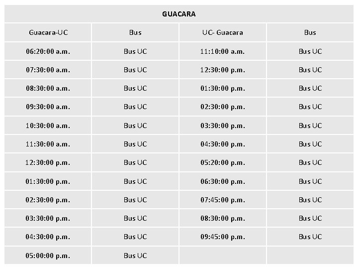 GUACARA Guacara-UC Bus UC- Guacara Bus 06: 20: 00 a. m. Bus UC 11: