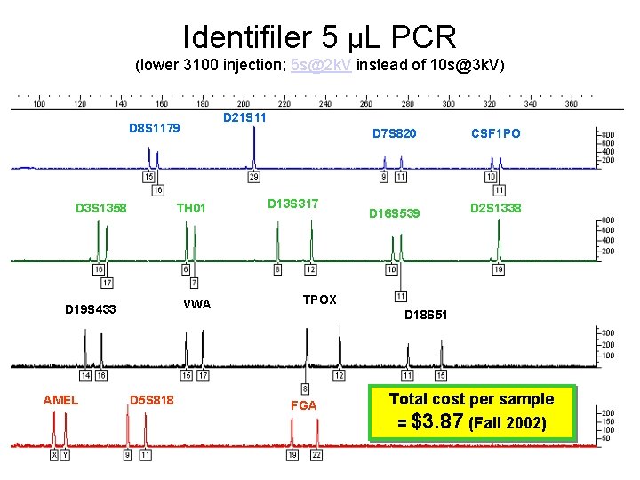 Identifiler 5 µL PCR (lower 3100 injection; 5 s@2 k. V instead of 10