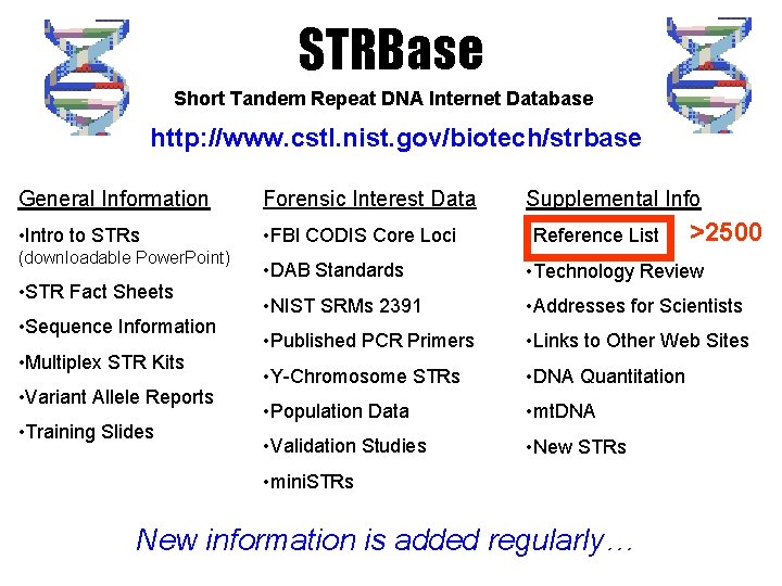 STRBase Short Tandem Repeat DNA Internet Database http: //www. cstl. nist. gov/biotech/strbase General Information