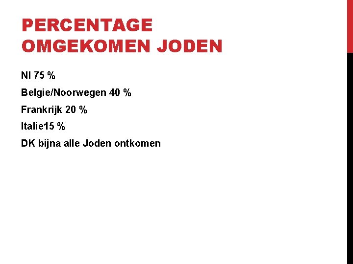 PERCENTAGE OMGEKOMEN JODEN Nl 75 % Belgie/Noorwegen 40 % Frankrijk 20 % Italie 15