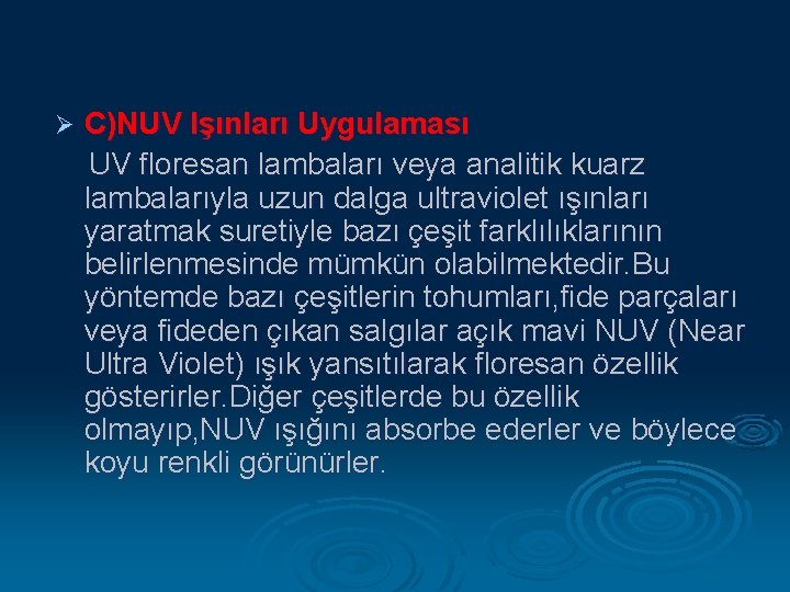 Ø C)NUV Işınları Uygulaması UV floresan lambaları veya analitik kuarz lambalarıyla uzun dalga ultraviolet