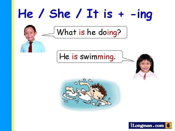 He / She / It is + -ing What is he doing? He is