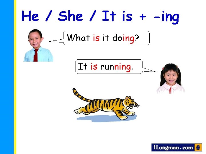 He / She / It is + -ing What is it doing? It is