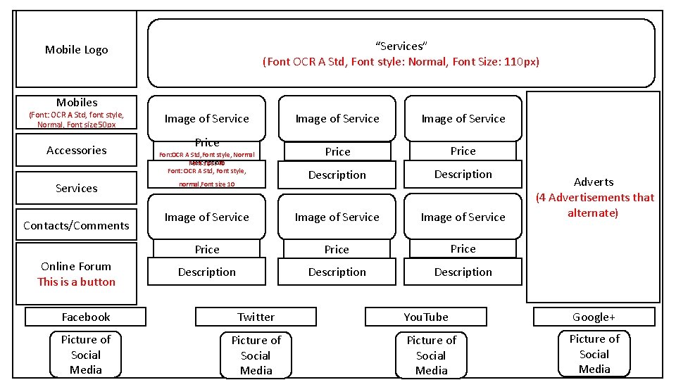 “Services” (Font OCR A Std, Font style: Normal, Font Size: 110 px) Mobile Logo