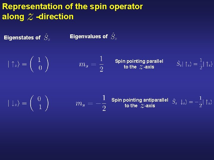 Representation of the spin operator along -direction Eigenstates of Eigenvalues of Spin pointing parallel