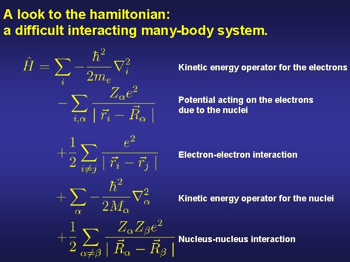 A look to the hamiltonian: a difficult interacting many-body system. Kinetic energy operator for