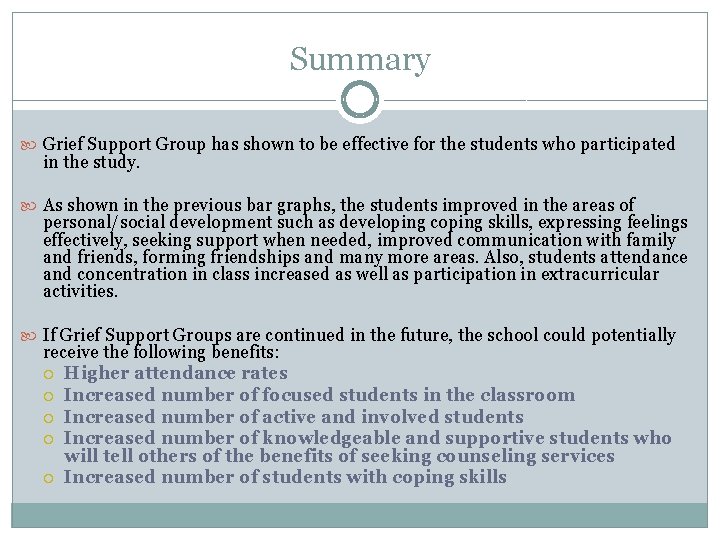 Summary Grief Support Group has shown to be effective for the students who participated