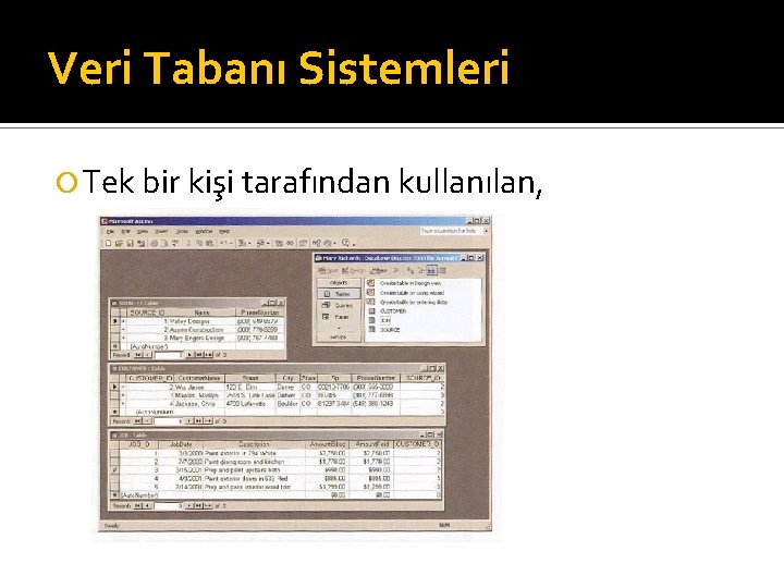 Veri Tabanı Sistemleri Tek bir kişi tarafından kullanılan, 