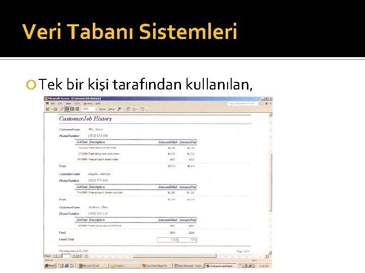 Veri Tabanı Sistemleri Tek bir kişi tarafından kullanılan, 