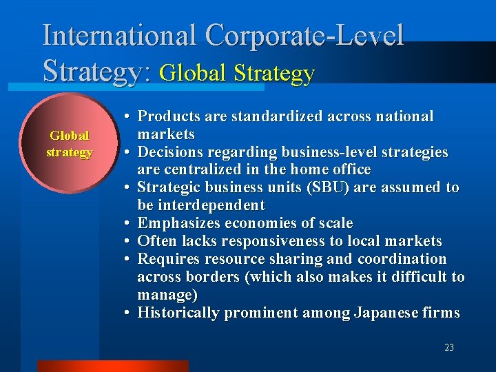 International Corporate-Level Strategy: Global Strategy Global strategy • Products are standardized across national markets