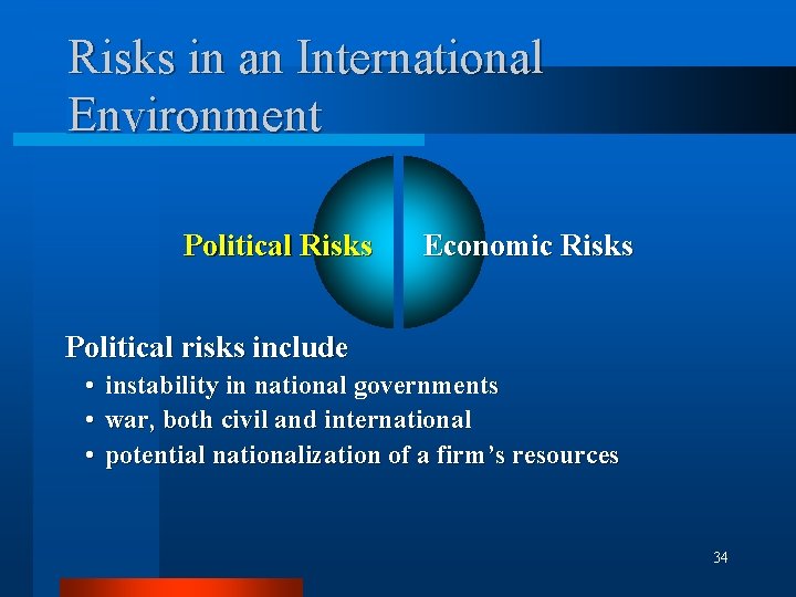 Risks in an International Environment Political Risks Economic Risks Political risks include • •