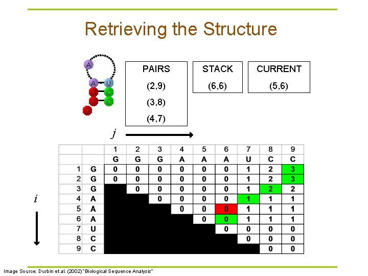 Retrieving the Structure A A G G U C C PAIRS STACK CURRENT (2,