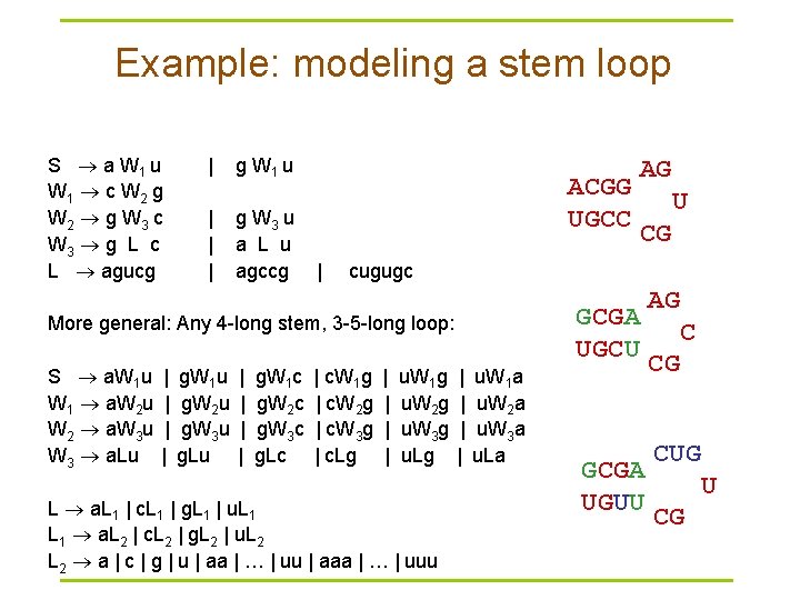 Example: modeling a stem loop S a W 1 u W 1 c W