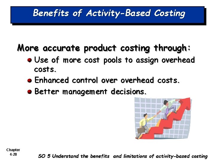 Benefits of Activity-Based Costing More accurate product costing through: Use of more cost pools